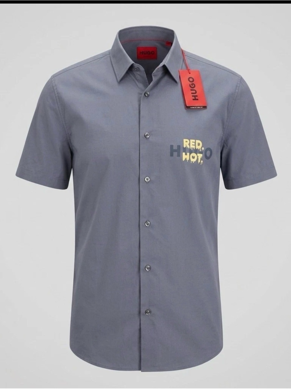 HUGO Men's Cream Short-Sleeve Button-Down Shirt with 'Red Hot' Chest Print BNWT